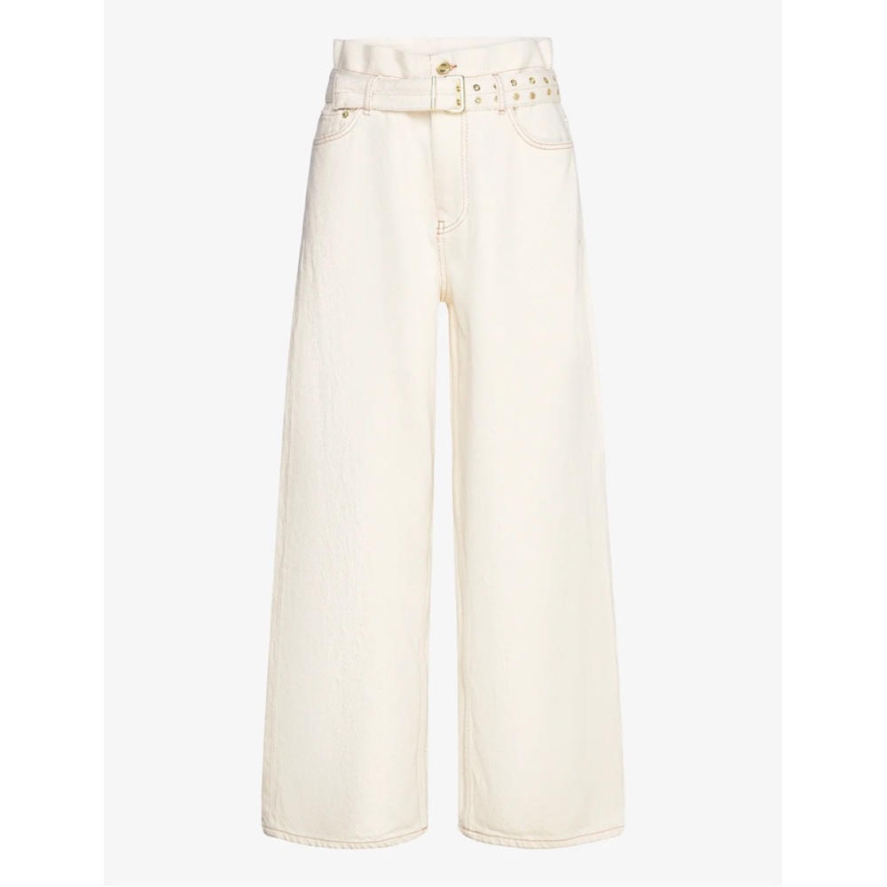 Ganni Heavy Denim Paperbag Jeans High-Rise Belted Bottoms Wide Leg White Denim